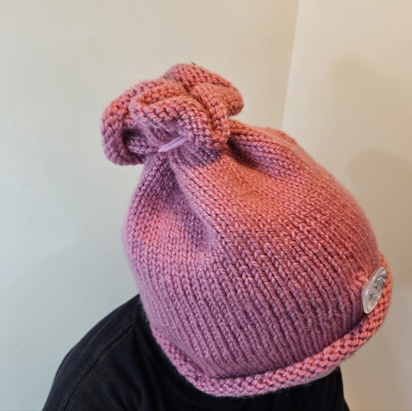 Hand Crafted Mauve Pink Hand knit Beanie Unisex Handmade crochet cap floral top - Picture 5 of 17
